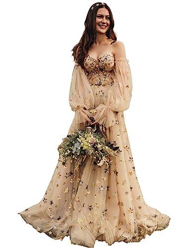 Ayervici Women's Sparkle Star Prom Dress A Line Sweetheart Long Puff Sleeves Corset Bodice High Slit Formal Wedding Dresses Champagne #TOP11