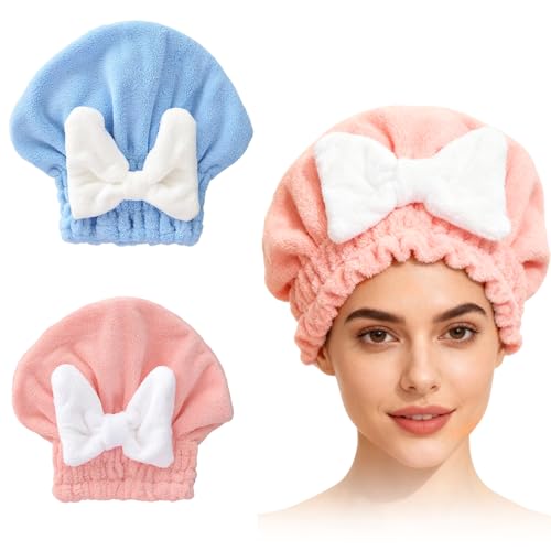 2PCS Super Absorbent Hair Towel Wrap for Wet Hair Microfiber Hair Drying with Caps Bow Design 2026 New Fast Drying Hair Turban Wrap Towels Shower Cap for Girls and Women(Pink Blue)
