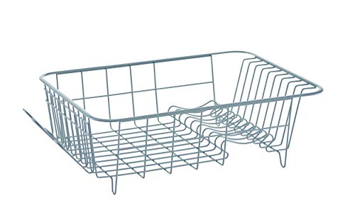 Image of Farberware Compact Dish Drying Rack with Drainboard, Flatware Caddy and Sink Brush, Teal - Holds 9 Plates, Fits Small Kitchens, Apartments and Dorms