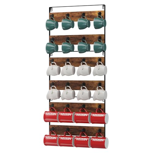 IBUYKE Mug Racks for Wall,Set of 3, 24-Hook Large Coffee Mug Holder Wall Mounted, Rustic Wood Coffee Mug Rack Display Organizer for Kitchen, Home,Bar, Coffee Station,Rustic Brown UTBJ005H-3