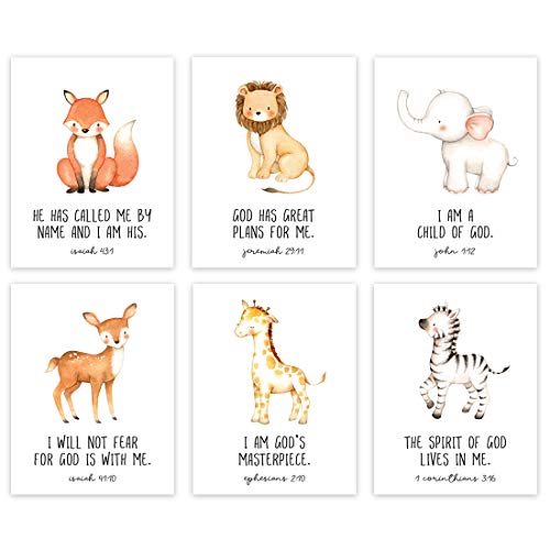 Image of Andaz Press Christian Bible Verses Quotes Nursery Kids Bedroom Unframed Hanging Wall Art Poster Decor, 8.5x11-inch, Jungle Safari Animals Theme, I Am a Child of God, 6-Pack, No Frames