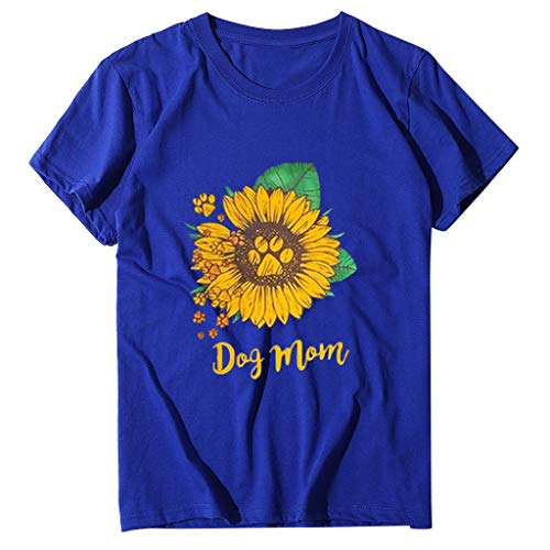 Adeliber Women's Sunflower Print Short Sleeve Round Neck Plus Size Top T-Shirt(Blue,XX-Large)
