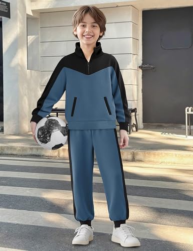Boys Clothes Solid Color Block Kid Boys' Clothing Sets Stand Collar Half-Zip Sweatsuit 2pcs Outfits with Pocket 6-12y