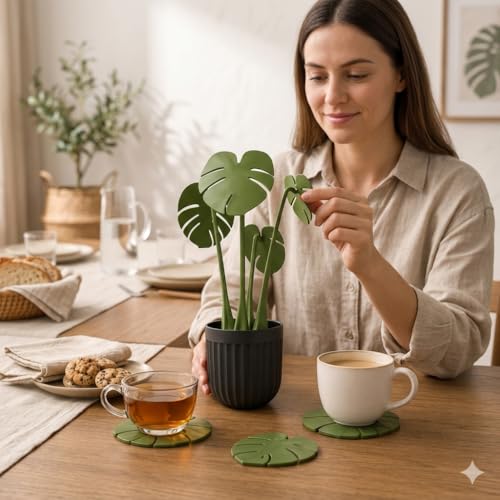 Image of SR Premium Monstera Leaf Coaster Set with Pot | Artificial Plants with Pot | Home decore | Multi-Purpose Heat Resistant Coasters & Table Trivets for Personal /Office /Home /Restaurant (1)
