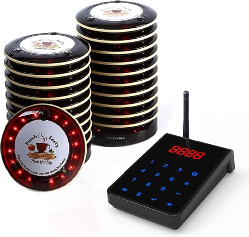 Restaurant Pager System Wireless Calling System with 20 Long Range Restaurant Buzzers Alert, 1 Touch-Screen Keypad for Coffee Shop Food Truck Church Nursery