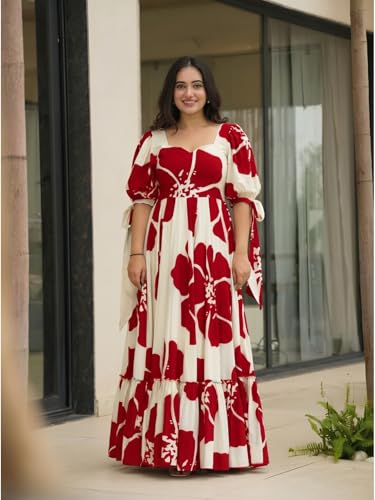 Image of Modestouze Attires Women's Floral Pattern Rayon Blend Maxi Dress with Sweetheart Neck Half Puff Sleeve Floor Length and Zipper Closure Type | Maxi Dress for Women Stylish | Dress for Women