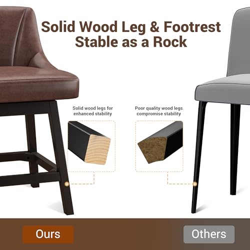 Image of YaFiti Swivel Bar Stools with Backs, 26 inch Counter Height Bar Stools Set of 6, Modern Leather Extra Upholstered Counter Barstools with Square Solid Wood Legs for Kitchen Island, Dining Room, Brown