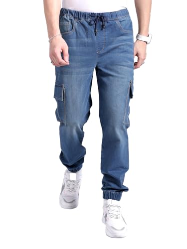 Image of The Indian Garage Co Men Regular Fit Solid Mid-Rise Stretchable Denim Cargo Joggers