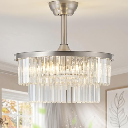 Image of 20 inch Silver Crystal Fandelier Ceiling Fans with Lights, Caged Silver Crystal Chandelier Ceiling Fan with Light Remote Control with 6 Speeds for Bedroom, Nursery, Living Room