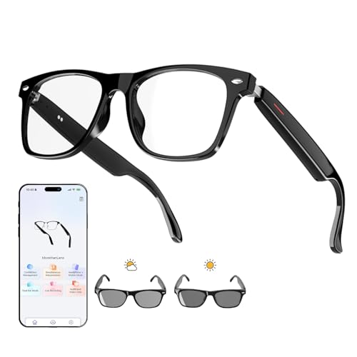 AI Translator Smart Glasses for Men Women, Bluetooth Audio Glasses with Photochromic Transition Lenses, Voice Assistant, Open Ear Lighweight Eyeware, Black