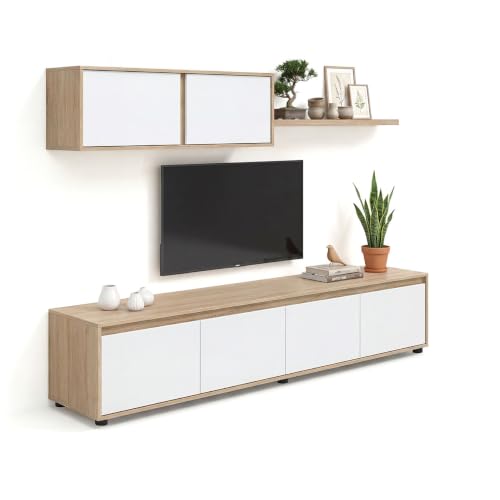 duehome | Conjunto Reversible de Salon, Mueble de TV, Modulos de Comedor, Modelo Arlet, Acabado en Roble Canadian y Blanco Artik, Medidas: 200 cm (Largo) x 41 cm (Fondo) 43 cm (Alto)