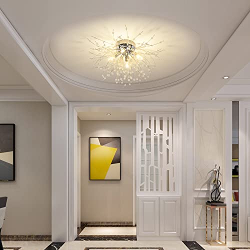 Luminária de teto pequena moderna de cristal, lustre de fogo de artifício Sputnik de cristal cromado