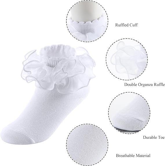 2 Pairs Girls Ruffle Socks Double Lace Cute Frilly Trim White Princess Comfortable Socks2