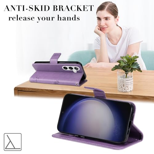 for Samsung Galaxy S24 Case Wallet for Women Man,PU Leather Tree Cat Flowers Embossed Wrist Strap Card Slots Pocket Kickstand Flip Protective Phone Case Cover for Galaxy S24 Light Purple