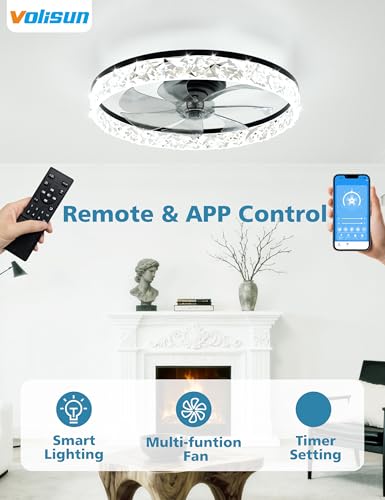 Image of VOLISUN Low Profile Ceiling Fan with Lights and Remote, No Assembly, 20in Modern Ceiling Fans Flush Mount, 3000K-6500K Dimmable Bladeless LED Fan Light, Black Fandelier Ceiling Fans for Bedroom