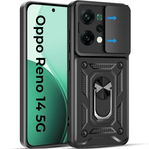 Image of A rtistque Armor Bumper Back Case Cover for Oppo Reno 14 5G | Stylish Ring Holder & Inbuilt Stand | Sliding Camera Cover | Shockproof TPU Protective Design | Oppo Reno 14 Back Cover - Black