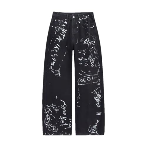 Men’S Hip Hop Baggy Straight Paint Graffiti Pants Button Fly Midweight Unwashed Streetwear Skateboard Full Length Jeans