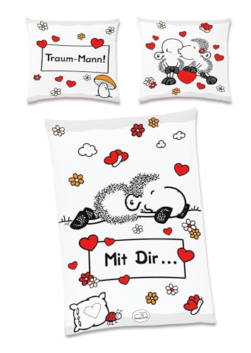 JACK Renforcé Linon Bettwäsche Sheepworld 2 TLG. Traum Mann Mit Dir... 135x200cm Wendebettwäsche Schaf Herzen
