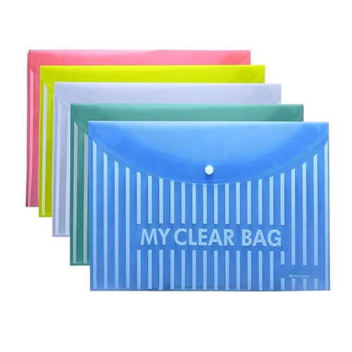 Image of Shuban Document File Folders with Snap Button Closure, Waterproof Plastic Envelope Pouches for Letter /A4 Size Paper, Assorted Transparent Colors (Style-1- Lining Print Folder-5Pcs-Mix Color)