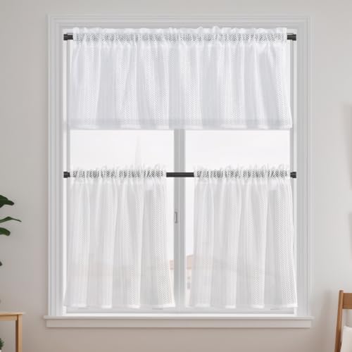Marjoramy 3 Piezas Cortinas de Cocina para Café, Cortina de Ventana de Casa, Cortina Cocina Rústico, Cortinas de Filtrado de Luz, Cortinas Cortas para Ventanas, Cortinas Blancas, Cortina de Voile