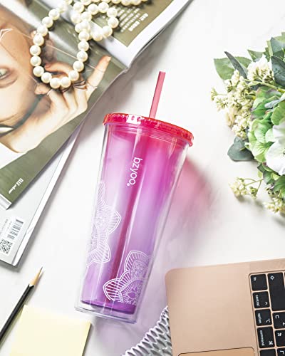 Bzyoo Sip 24Oz (710Ml) Double Wall Plastic Tumbler With Lid And Straw Cold Drink Travel Mug Reusable Party Cup Perfect For Office Poolside Parties Gifts For Him & Her Color: Pink & Purple #TOP3