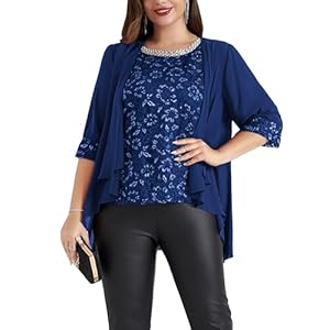 Hanna Nikole Plus Size Mother of Bride Outfit 2 Piece Set Beaded Crew Neck Lace Sleeveless Tops and 3/4 Sleeves Cardigan
