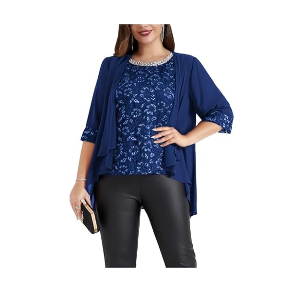 Hanna Nikole Plus Size Mother of Bride Outfit 2 Piece Set Beaded Crew Neck Lace Sleeveless Tops and 3/4 Sleeves Cardigan