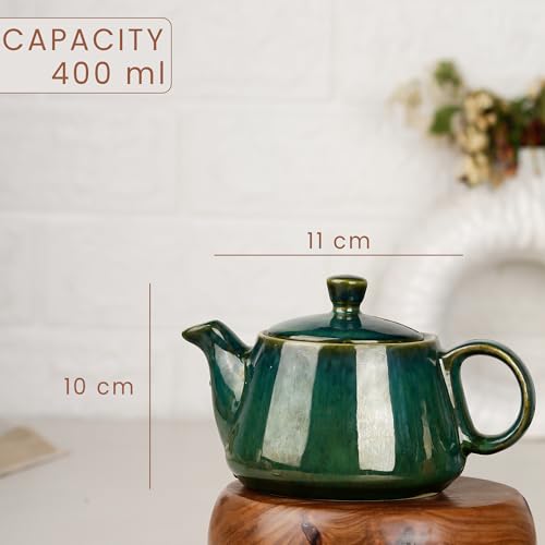 Image of The Earth Store Premium Green Glaze Ceramic Morning Tea Set - 2 Tea Cups & 1 Kettle Microwave and Dishwasher Safe | Tea Cup with Kettle | Small Morning Set | Ideal for Gifting and Daily Use
