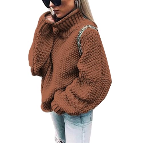Womens Oversized Sweaters Turtleneck Chunky Cable Knit Sweater Warm Casual Pullover Tops Fall Winter Sweater Clothes Brown