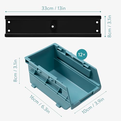 Navaris Storage Bins - Interlocking Plastic Van Boxes - Wall Mounted Compartments for Screws Nails Small Tool Parts - Workshop Garage Drawer Shed Bolt Organiser - 12 Bins & 3 Rails - Image 6
