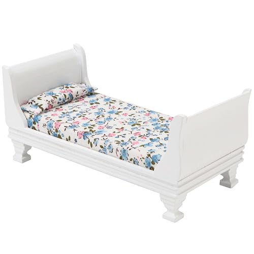 Miniature Dollhouse Bed 1/12 Scale Single Wooden Bed Victorian Mini Beds for 6 Inch Dolls Vintage European Style Tiny Sleigh Bed Furniture with Bedding & Fabric Pillow for Bedroom Decor White