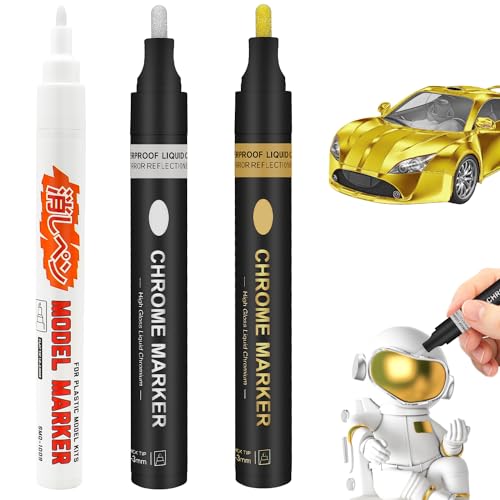 Autoau Metallic Chrom Marker 3 Stück Wasserfest Spiegel Marker Chromlackstift 2-3 mm Hochglänzend Metallic Marker Permanent Flüssiger Chrommarker für Modellbau Metall Glas Kunststoff