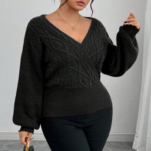 Image of ZAFUL Women's V Neck Cable Knit Sweater Long Sleeve Ribbed Crop Tops Wrap Surplice Solid Casual Pullover Jumper