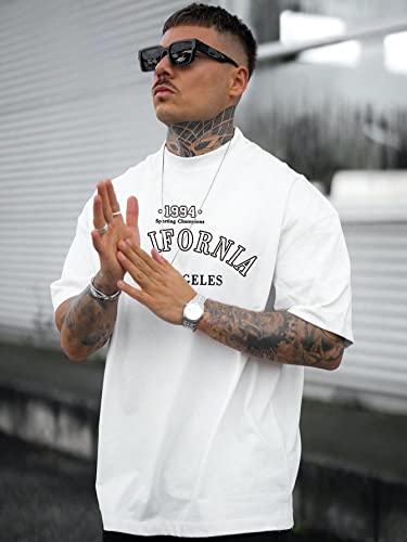 GORGLITTER Men's Crewneck T Shirt Letter Graphic Short Sleeve Casual Drop Shoulder Oversized Tee2