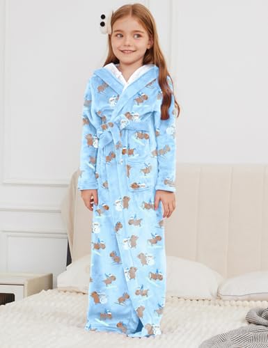 Image of Jxstar Girls Bathrobes Kids Long Hooded Robes Plush Full Length Coral Fleece Pajamas Sleepwear