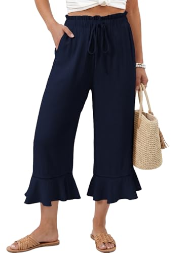 EVALESS Capri Pants for Women Spring Summer Linen Wide Leg Drawstring Elastic Waist Ruffle Hem Casual Pants with Pockets Cropped 2026 Womens Fashion Clothing, Navy Blue S