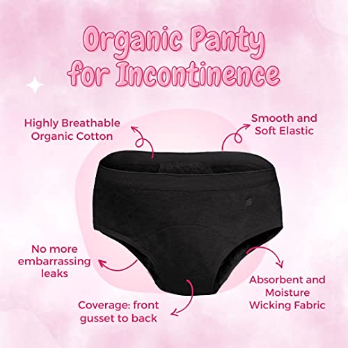 Image of Organic Cotton Incontinence Underwear For Women- Wash & Reusable, Absorbs Moderate Urine Leak (Upto 70 ml), Anti Bacterial, Hygienic & Leakproof, Full Coverage- Hipster (3XL, Black)