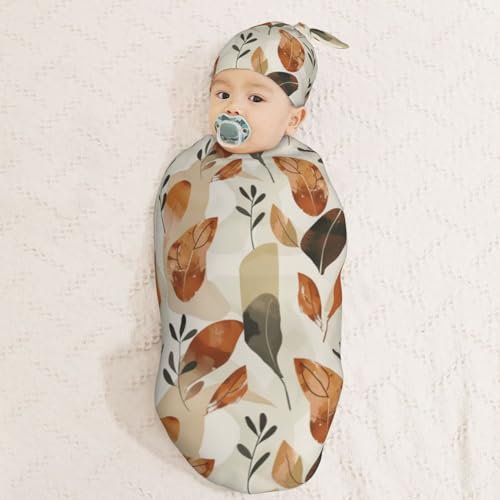 Image of Art Desert Leaf Newborn Swaddle Blankets Hat Sets Soft Baby Receiving Blanket Swaddle Sack for Baby Shower Infant Boy Girl Gift
