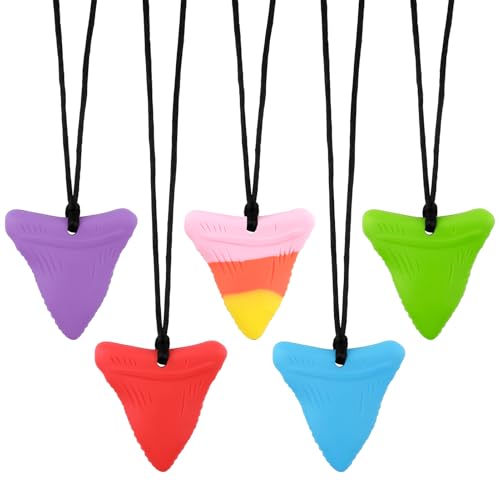 ORUZA Sensory Chew Necklace, 5 PCS Shark Shape Silicone Chew Necklace for Teething, ADHD, Autism, Biting Needs, Oral Motor Chewy Teether for Autistic Children Baby Boys & Girls