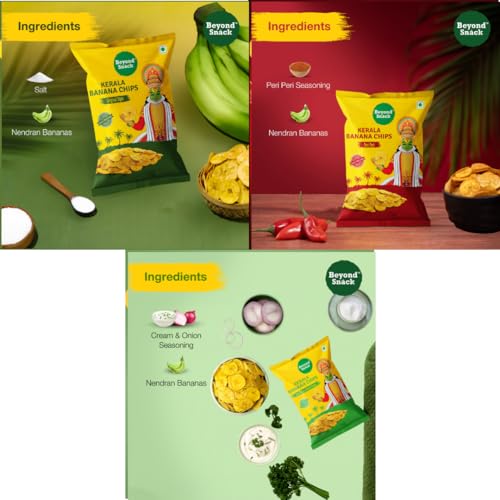 Image of Beyond Snack Nendran Kerala Banana Chips | Combo pack (Original salted, Peri Peri, Sour cream Onion & Parsley)| Thin Crunchy Crispy Snack |300g (100g*3packs) (Pack of 3)