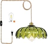QIYIZM Plug in Pendant Light Hanging Lights with Plug in Cord Boho Hanging Lamp Glass Gold Mid Century Modern Vintage Dimmable Green Flower Plug in Chandelier Ceiling Fixture for Living Room,Kitchen