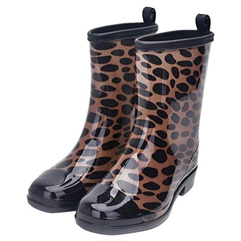Women's Waterproof Rain Boots Mid-Calf Fashion Floral Antiskid Garden Kitchen Shoes with Heels (Leopard, Numeric_6) Cover