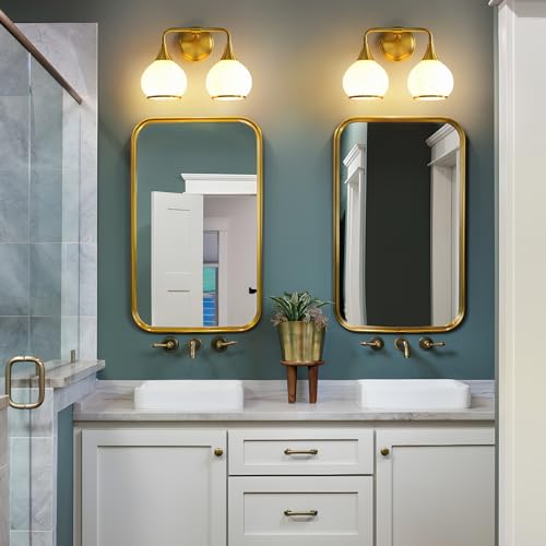 Image of Brushed Gold Bathroom Light Fixtures 2-Lights Vanity Lights with Milky White Frosted Glass Shade Bathroom Vanity Light 14 inch Wall Sconce Lighting Bath(Exclude E26 Bulb)