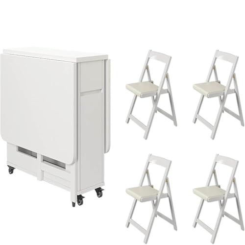 Juego de mesa de comedor plegable de madera maciza con 4 sillas y cajones de almacenamiento, diseño extensible para sala de estar o cocina, tamaño 1,3 m