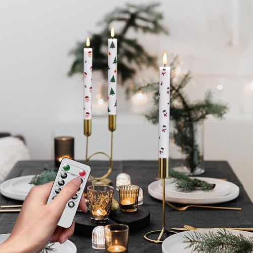 Image of Eldnacele Christmas Taper Flameless Candle Remote and Timer, Battery Operated 3D Wick Flickering Christmas Tree,Santa,Snowman Decal Candles Real Wax LED Candles Dinner Holiday Decor(6Pcs,0.78 inchx9.6 inch