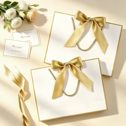 Image of JMANNI Gift Bags with Handles, 13 inch Medium Gift Bag for Presents, 4 Pcs Bags with 8 Tissue Paper and 4 Cards for Graduation Baby Shower Wedding Fathers Day Mother's Day Birthday Party(white gold)
