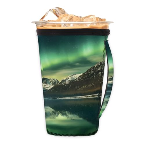 Aurora Landscape Reusable Neoprene Coffee Sleeve with Handle Insulated Iced Coffee Cup Holder Reduces Condensation Fits 24-28 oz Cups M