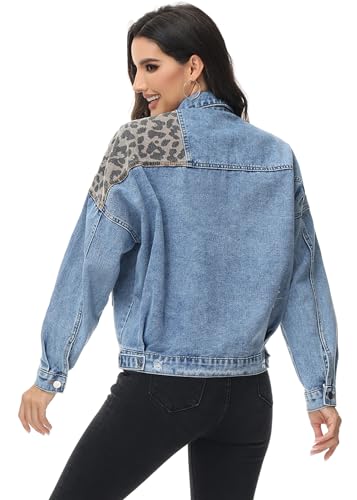 Anna-Kaci Women Long Sleeve Button Down Leopard Print Crop Denim Jacket Ripped Distressed Boyfriend Outerwear3