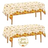 2 Pack Thanksgiving Tablecloth Disposable - Fall Plastic Table Cloth Rectangular, Give Thanks Pumpkin Maple Leaves Waterproof Table Cover for Home Harvest Thanksgiving Tables Decor, 54 x 108 Inch