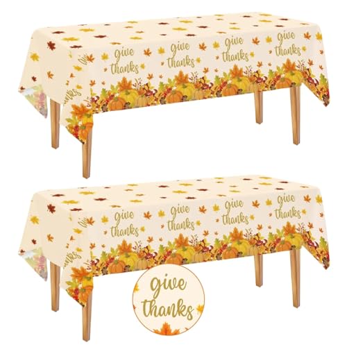 2 Pack Thanksgiving Tablecloth Disposable - Fall Plastic Table Cloth Rectangular, Give Thanks Pumpkin Maple Leaves Waterproof Table Cover for Home Harvest Thanksgiving Tables Decor, 54 x 108 Inch - image 1